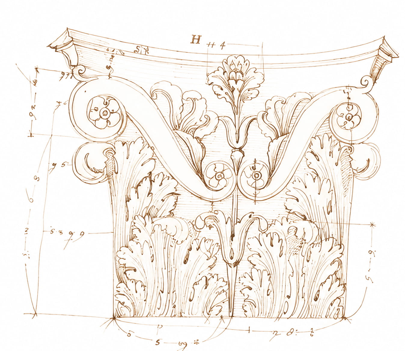 Dessin technique de chapiteau corinthien
